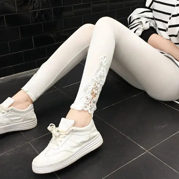 Women Fashion Solid Contrast Lace Skinny Leggings Ultra-Comfortable All-Season Essential for Women Womens Clothing