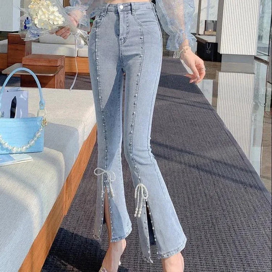 Chic and Elegant Stretch With Slits Trousers Y2k Luxury Designer Women's Cropped Flare Jeans High Waist Shot Female Cowboy Pants