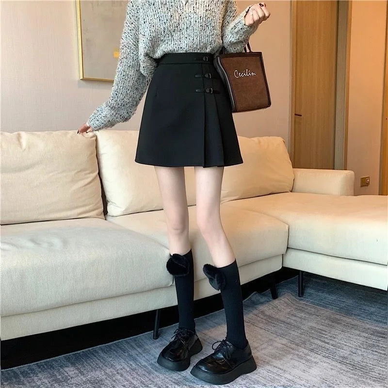 Black Artificial Wool Pleated Skirts Women Fall Winter High Waist Korean All-Match A Line Skirt Y2K Ladies Streetwear Mini Skirt