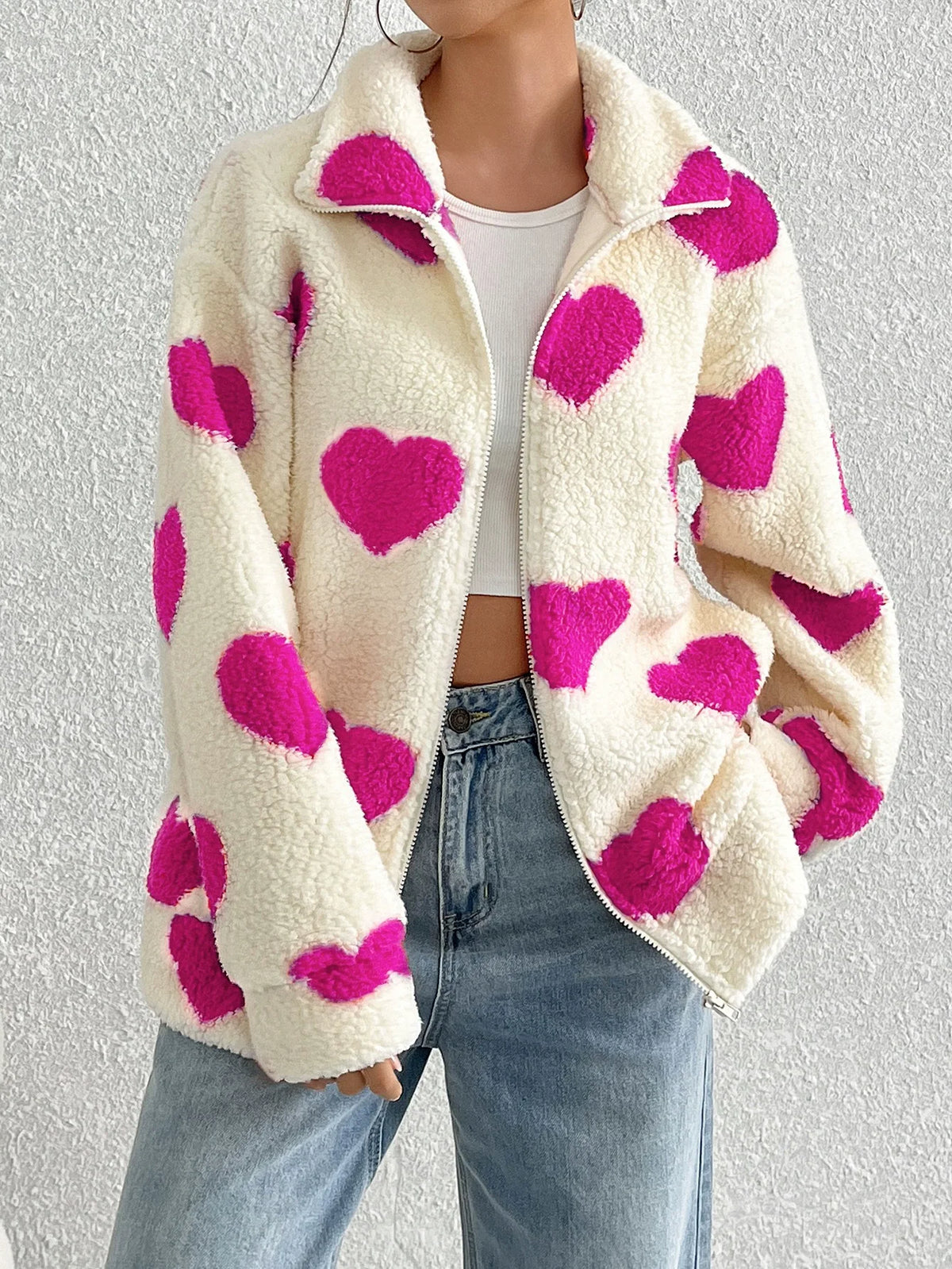 Women's Autumn/Winter New Plush Love Printed Loose Long Sleeve Zipper cardigan Coat