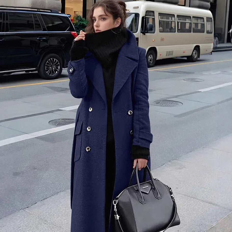 Autumn and Winter Temperament Commuter Suit Collar Double-Breasted Long Woolen Coat Trench Coat for Women