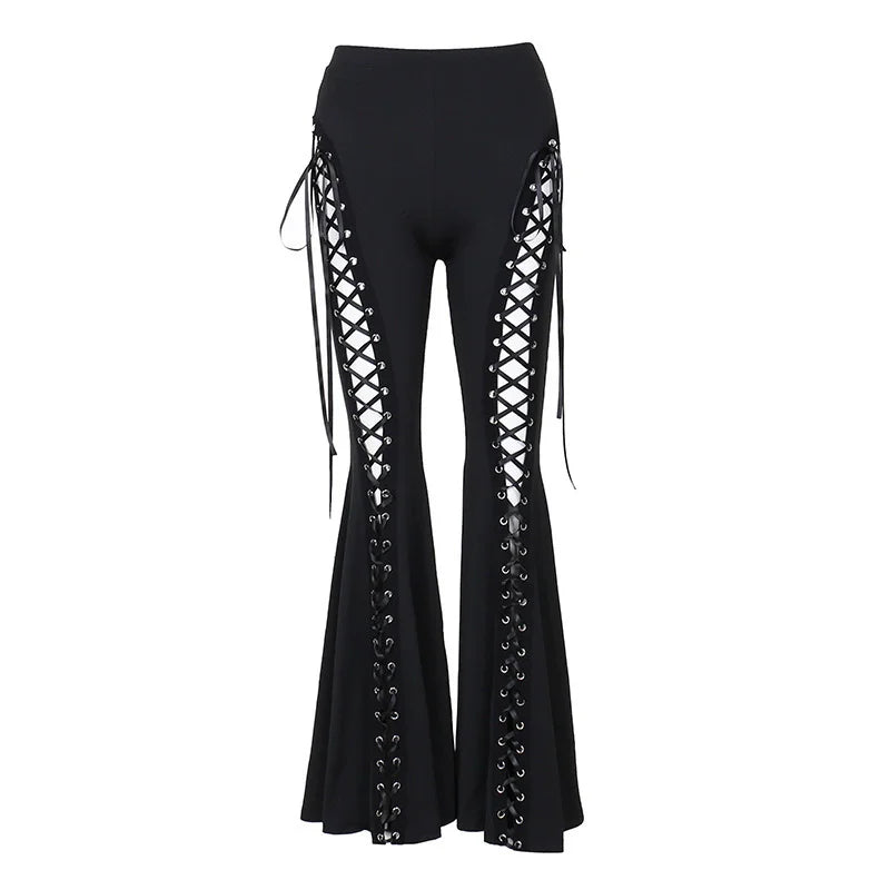 Gothic Bandage Cut Out Pants Black Clothes for Women Cyber Punk Lace Up High Waist Flare Pants Dark Academia