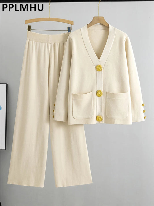 BEAUTY CLOSET COLLECTION -  Fall Winter V-neck Cardigan Coats High Waist Baggy Wide Leg Pants Suit