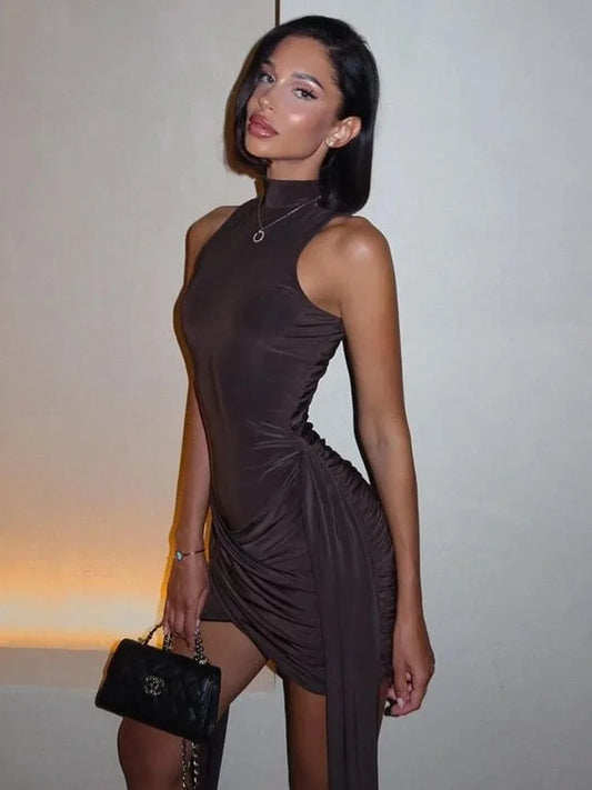 BEAUTY CLOSET COLLECTION - Turtleneck Sleeveless Sexy Mini Dress