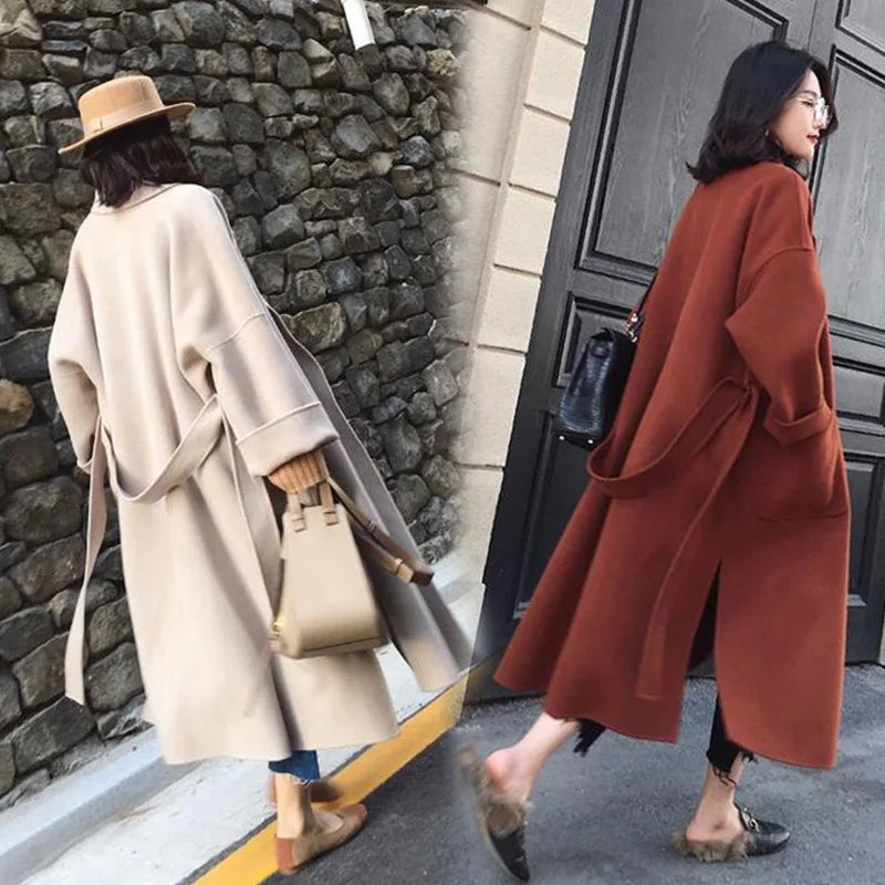 Women's Fashion Autumn/Winter New Slim Fit Waistband Flip Collar Woolen Coat