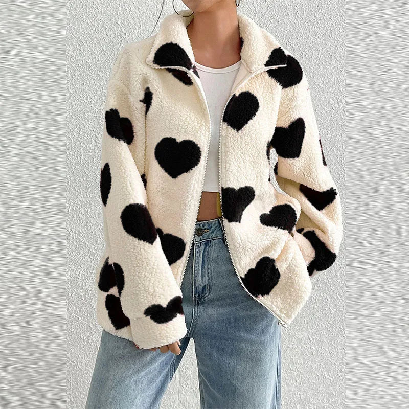 Women's Autumn/Winter New Plush Love Printed Loose Long Sleeve Zipper cardigan Coat