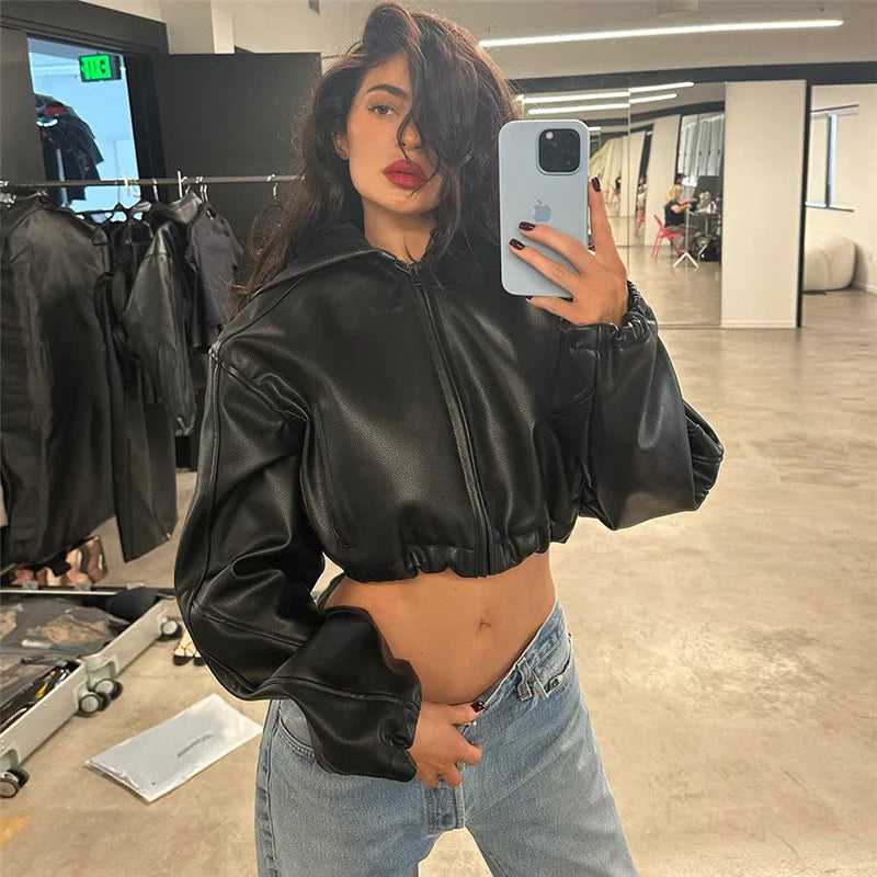 Black Hooded Cool Leather Jacket Spring Autumn Korean Loose-Fit Slim Short Zipper Motorcycle Jacket