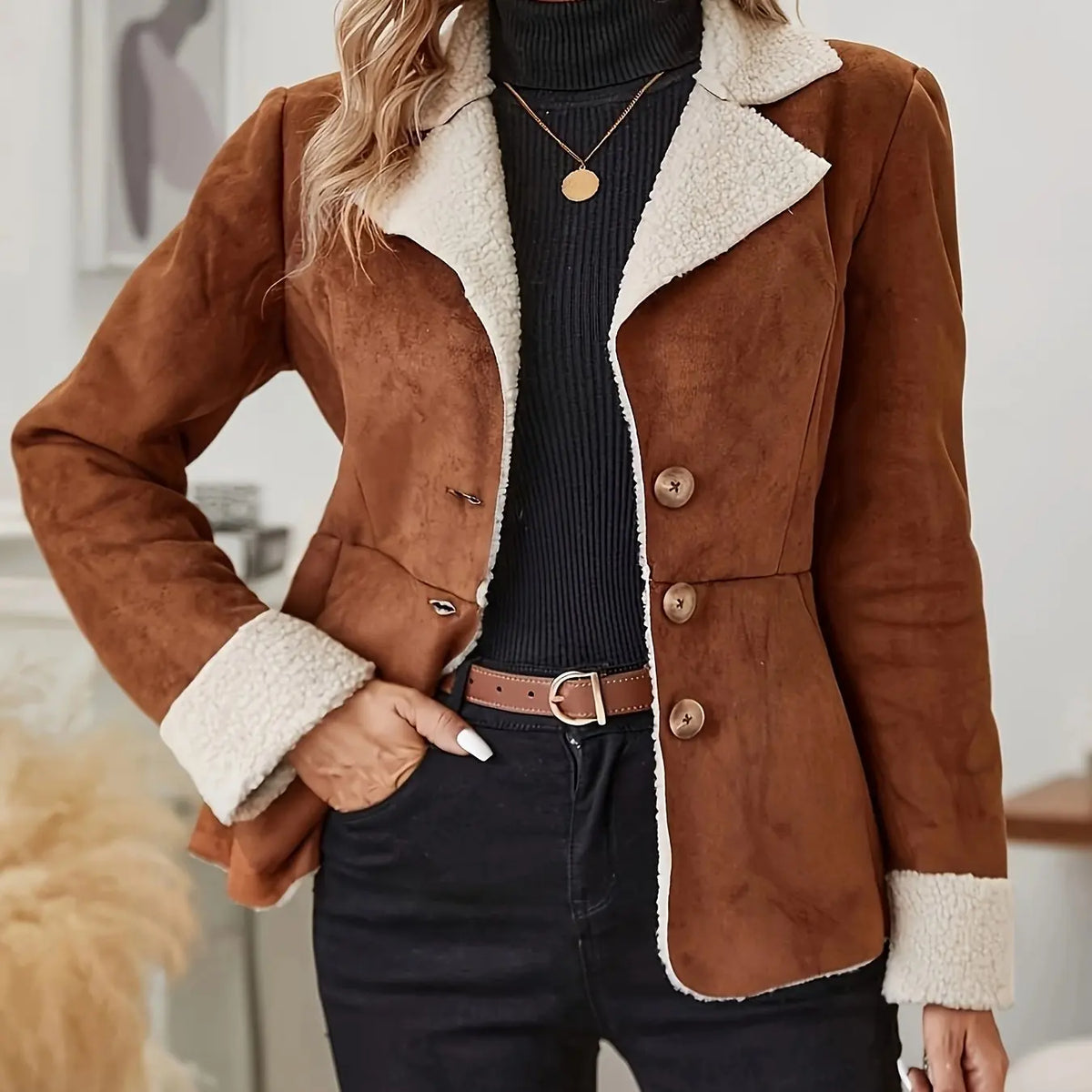 Streetwear Suede Slim Jackets Women Single-Breasted Pockets Long Sleeve Coats Fashion Fall Casual Vintage Elegant Outwears ﻿