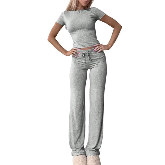 Summer Comfortable Casual Women's Home Sports Set New Fashionable Solid Color Slim Body Clothes + Trousers Two-piece Set