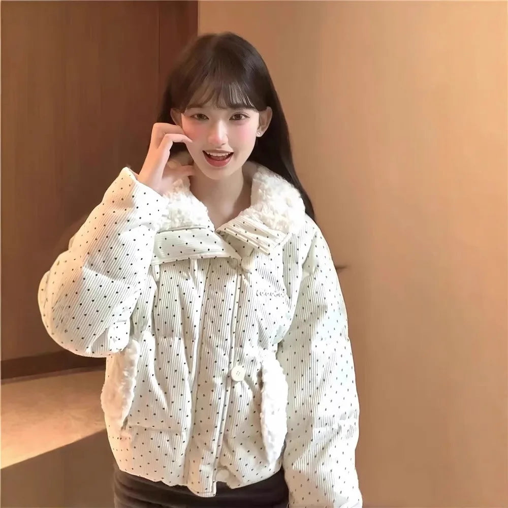 Sweet Polka Dot Parkas Women Winter Loose Casual Thicken Button Patchwork Puffy Coats Korean Fashion Fur Collar Female Outwear