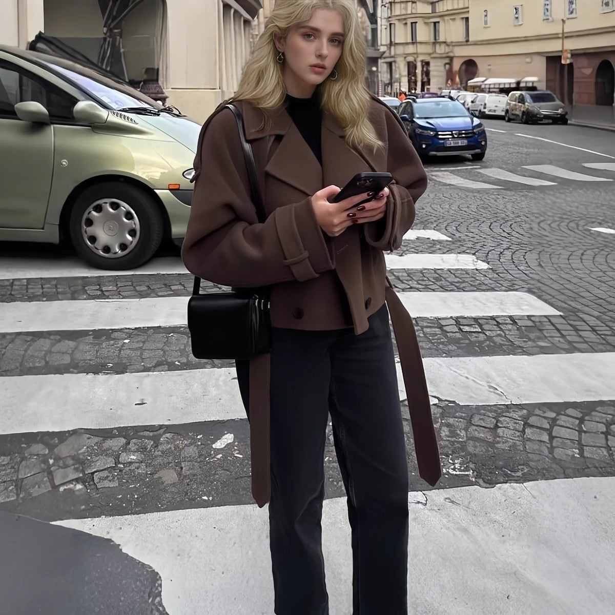 Brown Women Jacket Long Sleeve Lace Up Turn-down Collar Double-Breasted Female Coat Autumn Lady Streetwear New