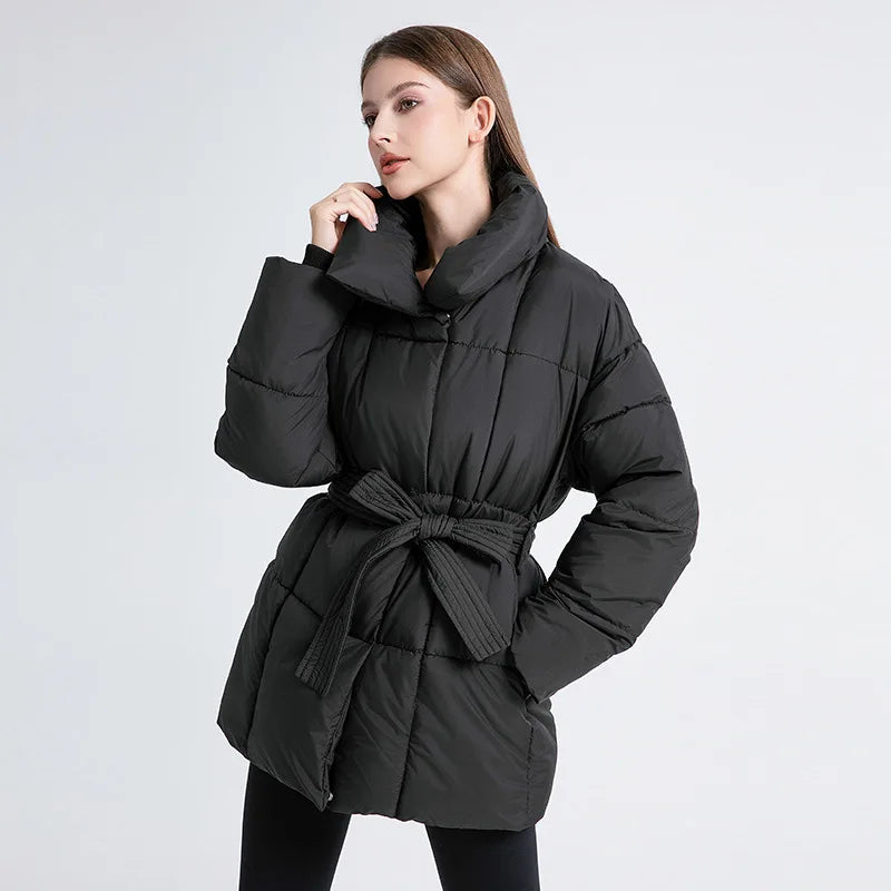 Women's Winter Parka Jacket Solid Color Stand Collar Button Pockets Padded Coat For Female Minimalist Casual Lady's Coat