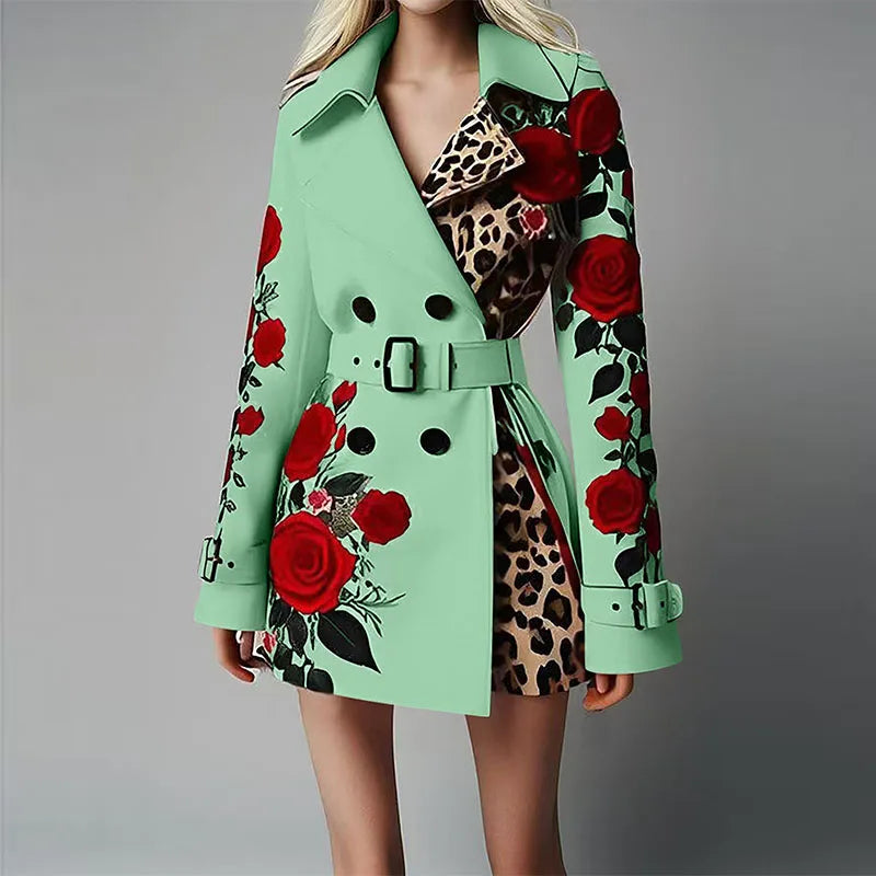 Women Long Sleeve Floral Flower Printed Office Coat Double Button Belt Lapel Collar High Waist Jacket