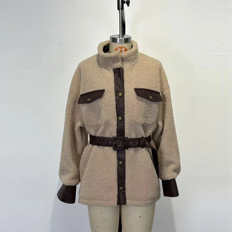 Women's Casual Long Sleeve Pocket PU Leather Coat Elegant Thickened Lamb Solid Jackets Fashion Lapel Button Patchwork Outercoat
