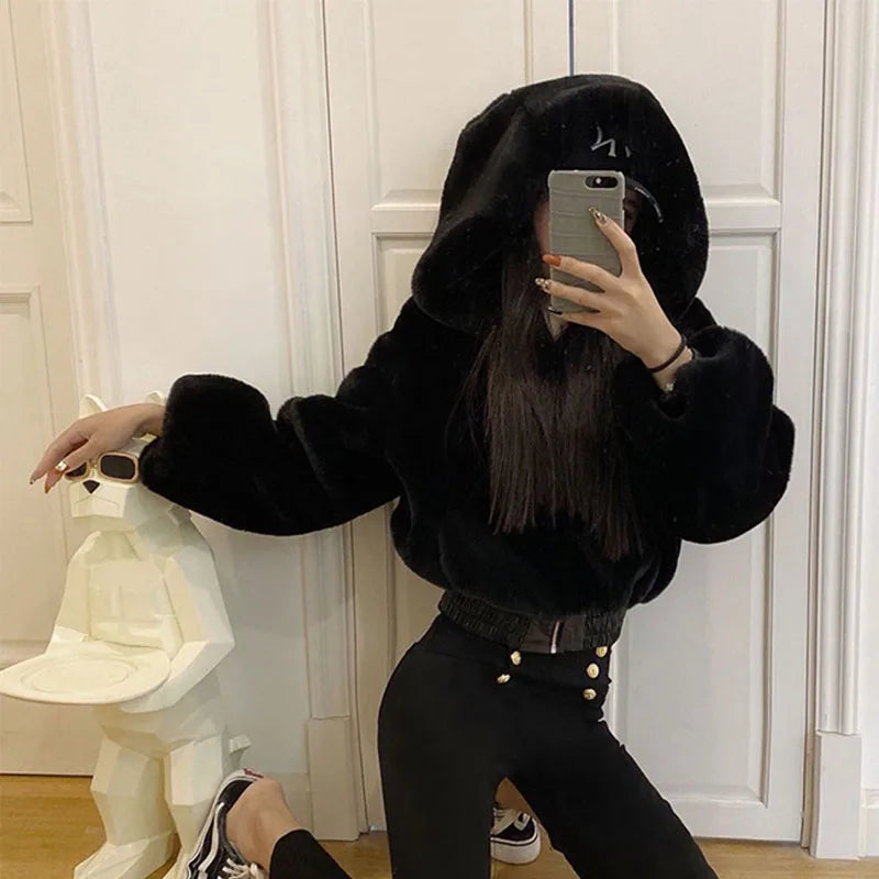 Autumn Winter Long-sleeved Slim-fitting Street Style Short High-waisted Fluffy Hooded Jacket Women's Fashion Textured Top