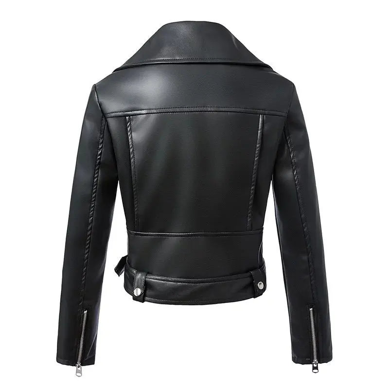 Women Faux PU Leather Coat Casual Lady Red Motorcycle Jacket Vintage Lapel Short Biker Jacket