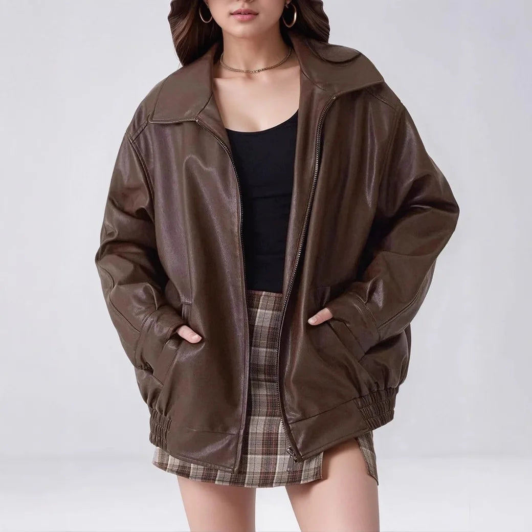 Vintage Brown Motorcycle Leather Jacket Women's Autumn New Style Korean Version Top Wholesale Artificial Leather  Coat Loose Fit