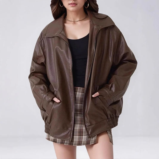 Vintage Brown Motorcycle Leather Jacket Women's Autumn New Style Korean Version Top Wholesale Artificial Leather  Coat Loose Fit