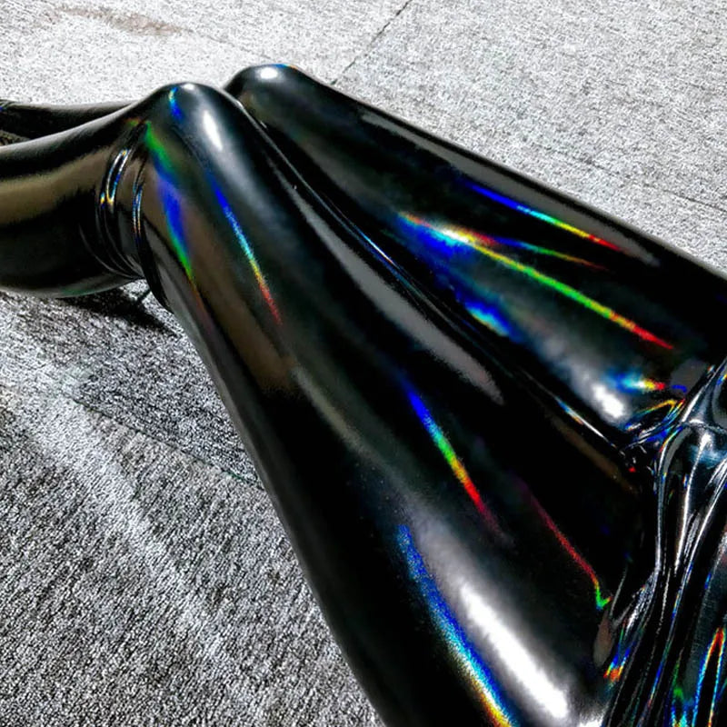 Women Colorful Shiny Leather Leggings Black Mirror Reflective Stretch Leather Pants Skinny Thin Leather Pencil Trousers Legging