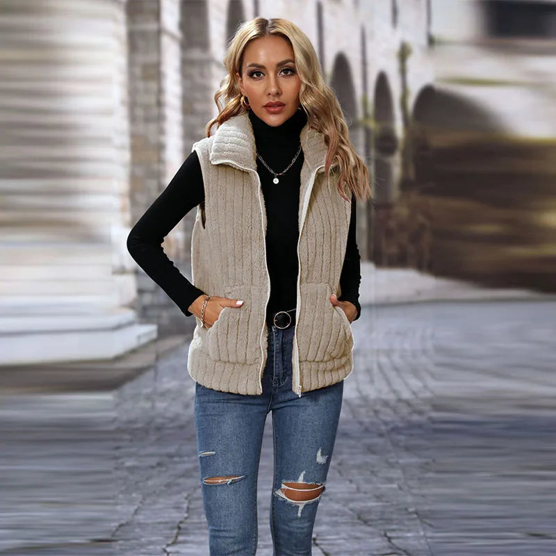 Autumn Winter Furry Faux Fur Vest Coat Women Sleeveless Lapel Plush Warm Waistcoat Lady Warm Fluffy Fashion Vest Jacket