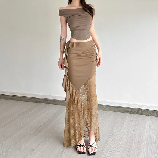 Ruched Ruffle Mesh Maxi Skirt