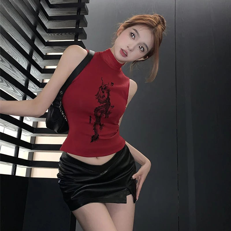 New Spicy Girls Y2k Tops Oversleeve Sexy Turtleneck Tank Top for Women's Slim Fit Short tshirt Skinny Streetwear Crop Top
