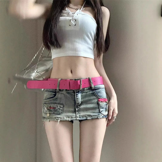 Sexy Y2K Denim Shorts Women Summer Blue Patchwork Low Waist Jeans Mini A-line Skirts Harajuku Vintage Punk