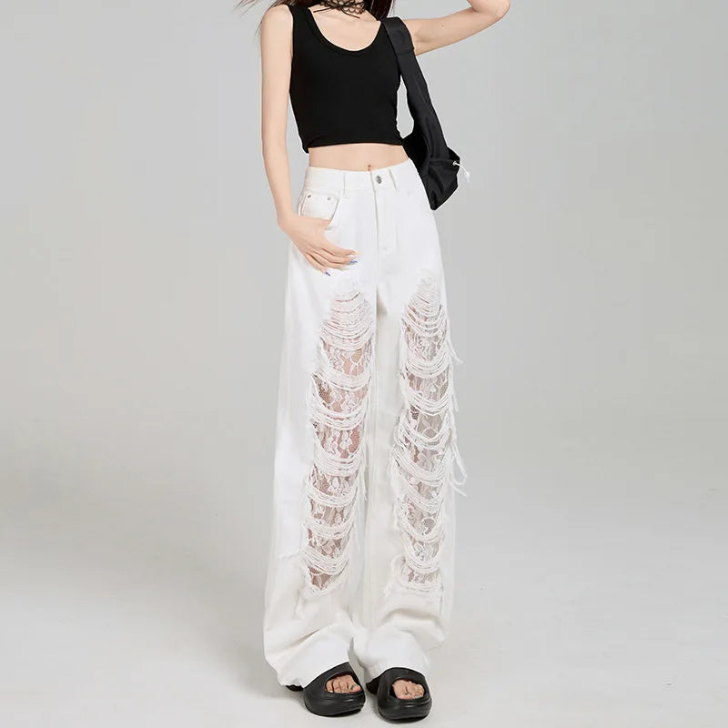 Nicemix American Trendy Lace Patchwork Straight Leg Ripped Jeans for Women Summer White Thin High Waist Loose Casual Pants