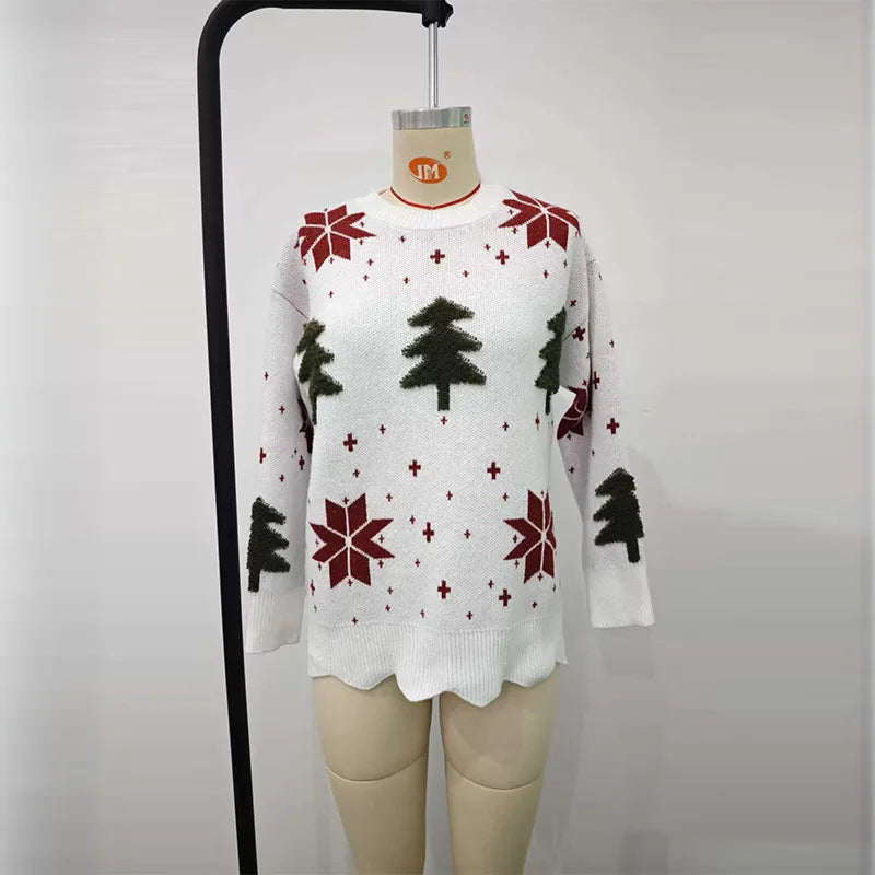 Clothing Autumn and Winter New Snowflake Christmas Tree Print Holiday Loose Casual Knitted Sweater for Women