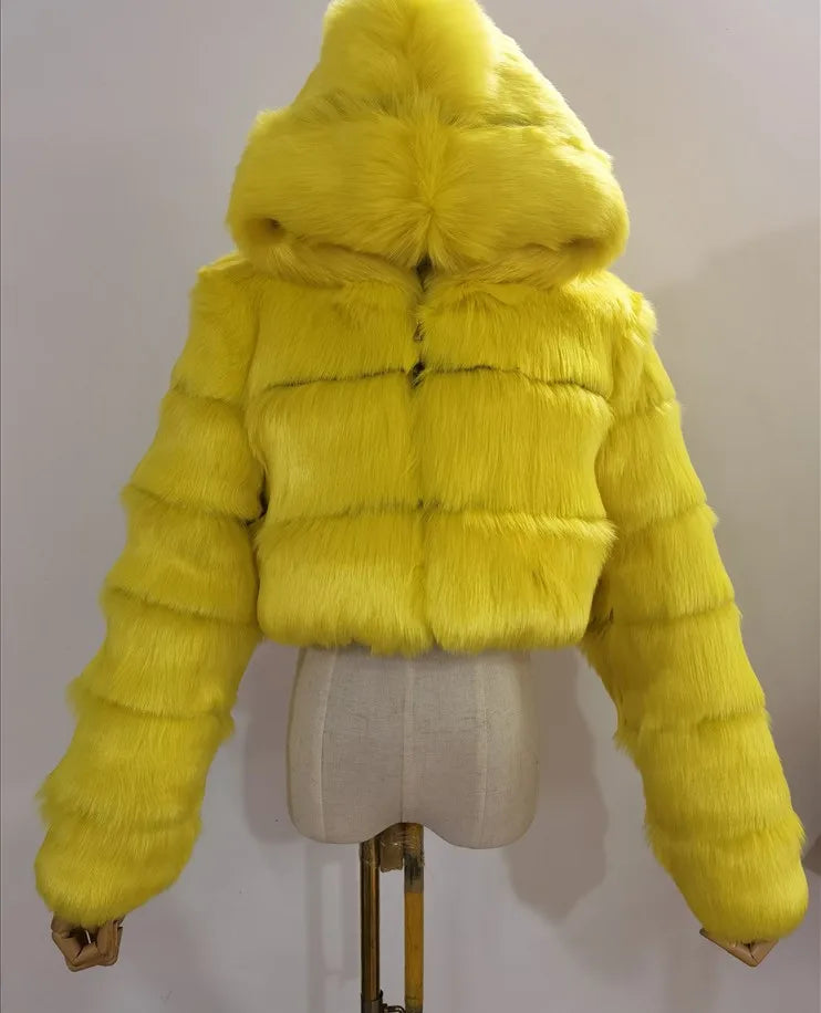 High Quality Furry Cropped Faux Fur Coats and Jackets Women Fluffy Top Coat with Hooded Winter Fur Jacket Manteau Femme
