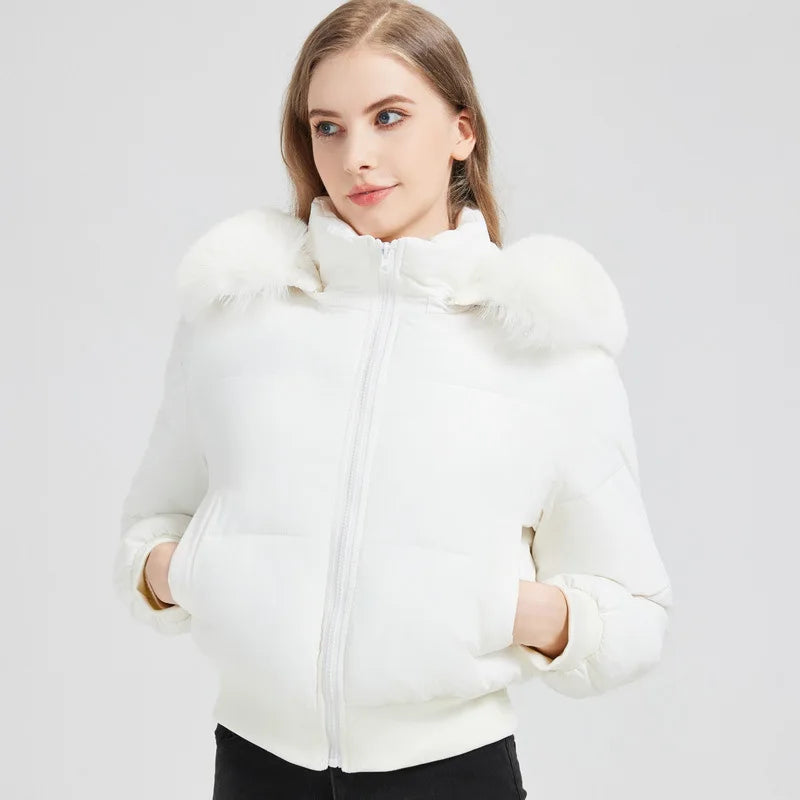 Winter Female's Parka Coat Solid Waist-cinching Faux Fur Trimmed Hood Quilted Jacket For lady Figure-flattering women's Jacket