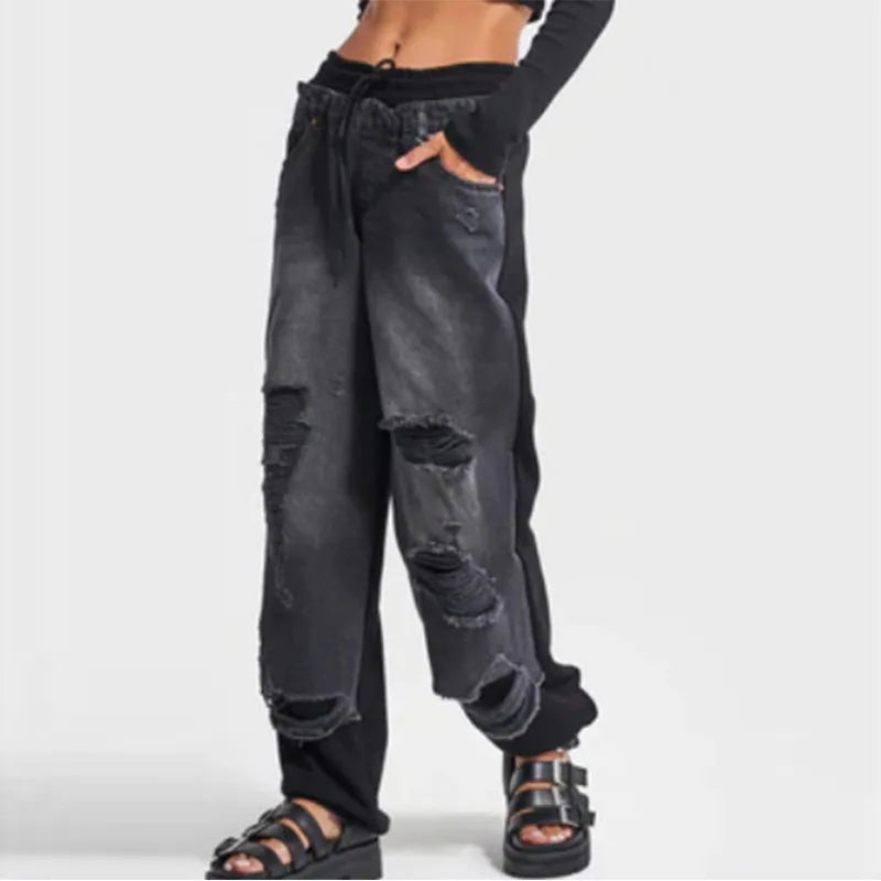 Casual Patchwork Jeans Women Loose Drawstring Low Waist Pockets Zipper Straight Leg Pants Spring Summer Street Lady Trouser