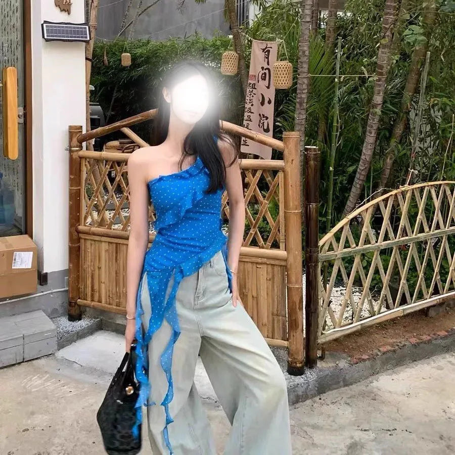 Blue Irregular Shoulder Strapless Top Women's Summer Korean Style Hot Girl Slim Fit Beautiful Top Commute Style Outerwear