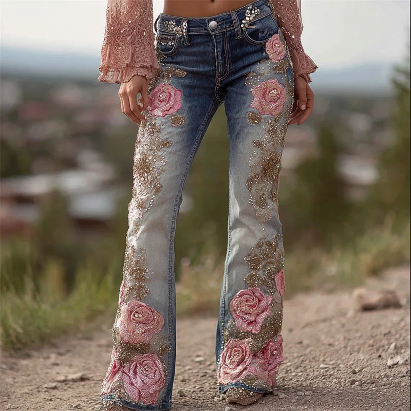 3D Printed Jeans for Women's Flare Denim Pant High Waist Elegant Vintage Casual High Street Slim Pockets Women's Jeans