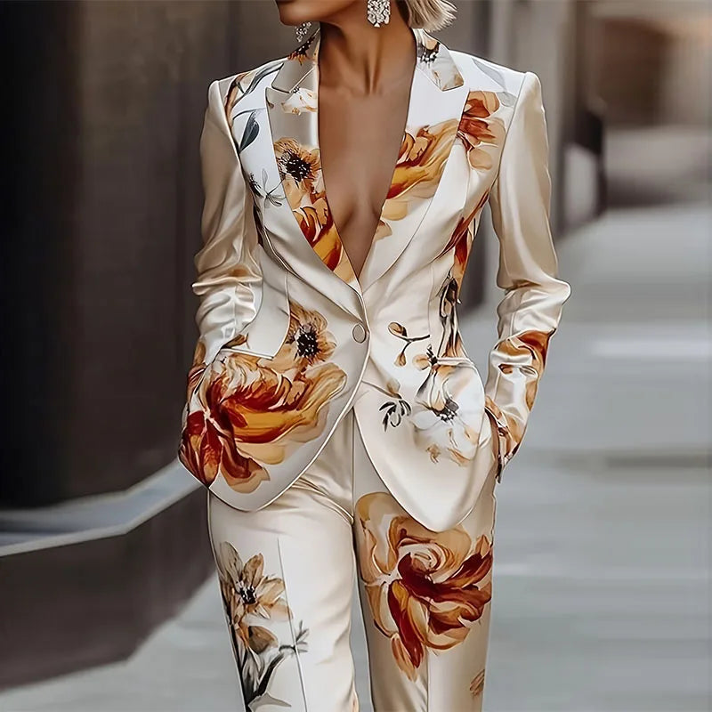 Women's Sexy Deep V Satin office suit 2pcs Set Winter White Glossy Long Sleeved One Button Jacket&Straight Leg Pants Vacation