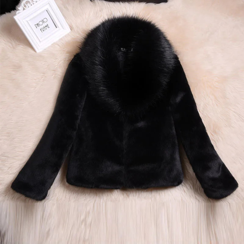 High Quality Faux Rabbit Hair Coat Women's Warm Outerwear Autumn Winter Short Faux Fox Fur Collar Coat Jacket Overcoat