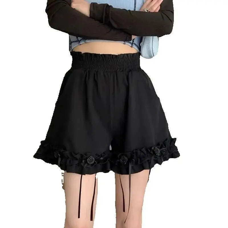 Black Ruffle Casual Baggy Female Short Pants Y2k Vintage Fashion Classic Design Outfits Summer Wide Women's Elastic Waist Shorts