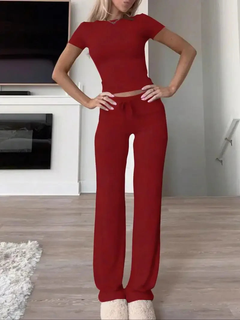 Summer Comfortable Casual Women's Home Sports Set New Fashionable Solid Color Slim Body Clothes + Trousers Two-piece Set