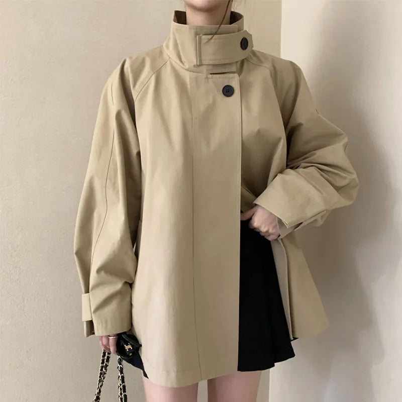 Korean Chic Loose Jackets Women Vintage Stand Collar Button Windbreaker Autumn Casual Coats Chaquetas Mujer