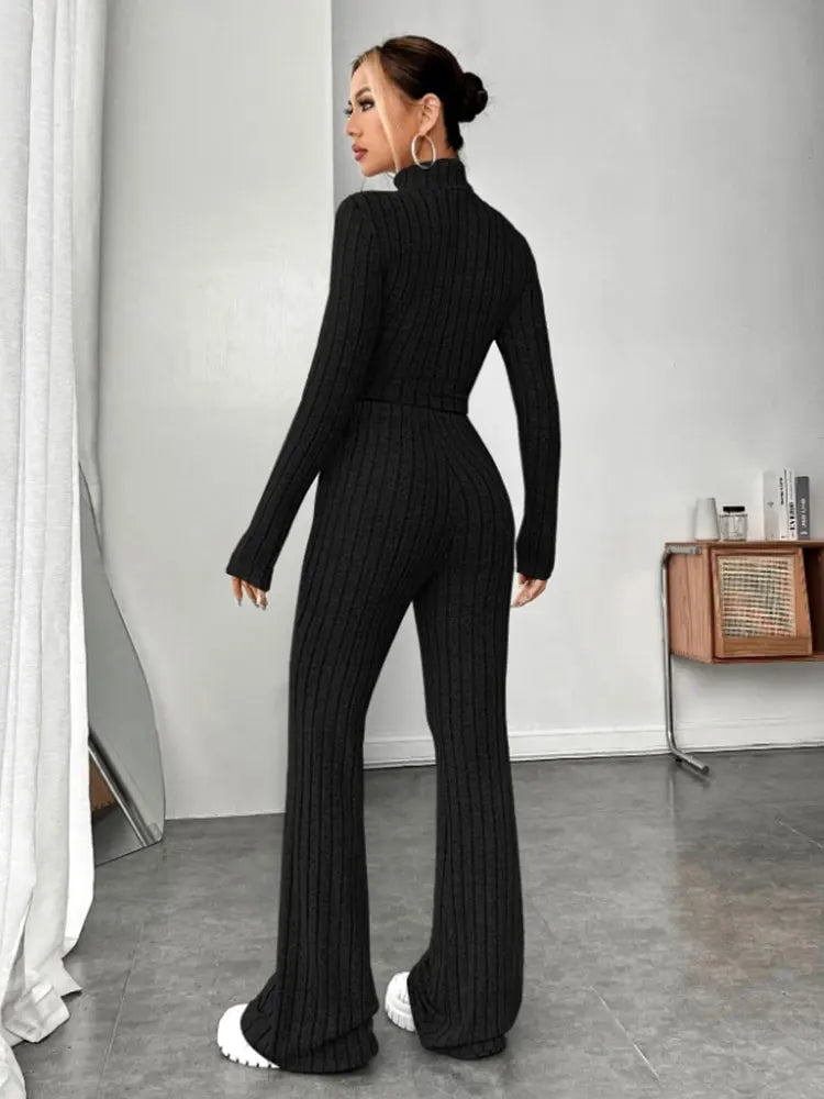 BEAUTY CLOSET COLLECTION - Stand Collar Knit Striped Long Sleeve T-Shirt And Pants