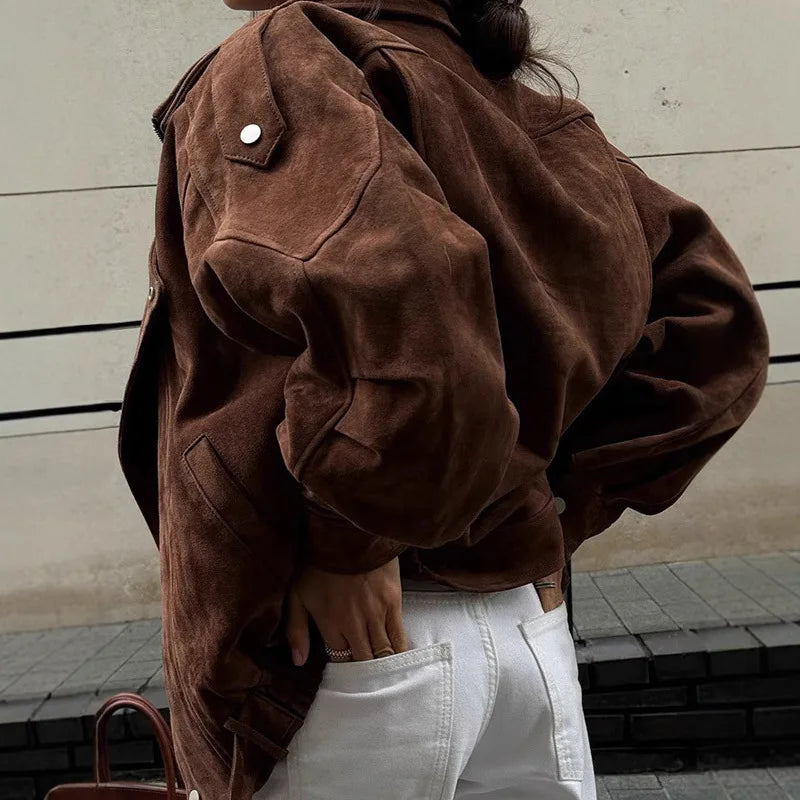Fashionable Brown Short Loose Women's Jacket Casual Retro Mermaid Style Outerwear Popular Cross-Border Sale in 2025