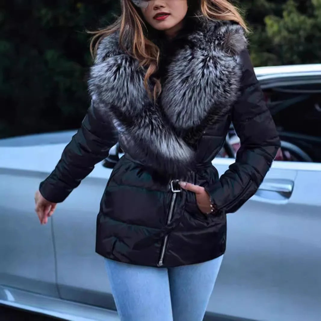 Women Cotton-padded Jacket Zipper Long-sleeved Winter Leisure Bright Face Fur Collar Irregular Short Belt Cotton-padded Jacket