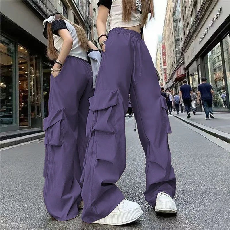 Fashion Y2K Loose Multi Pocket Drawstring Pocket Cargo Pants, Casual Sports Loose Wide Leg Pants For Hiking, Women's Athleisure