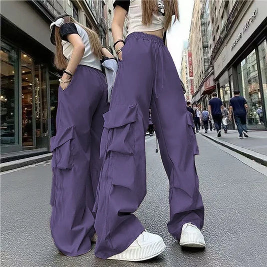 Fashion Y2K Loose Multi Pocket Drawstring Pocket Cargo Pants, Casual Sports Loose Wide Leg Pants For Hiking, Women's Athleisure