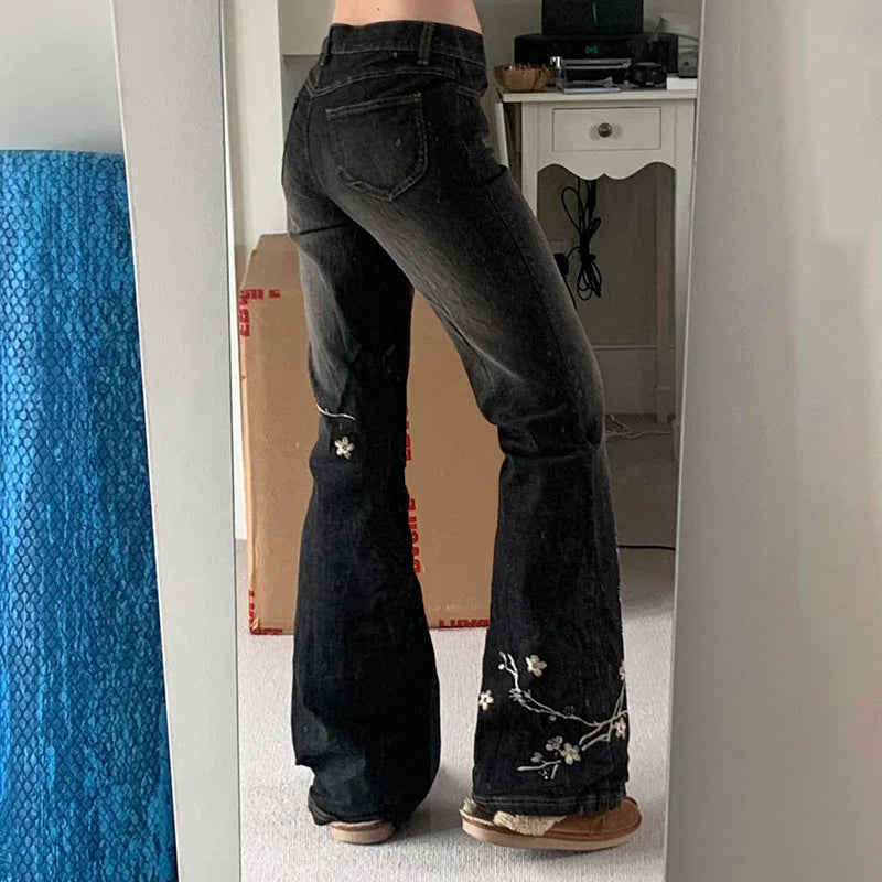 Weekeep Floral Embroidery Jeans Vintage 2000s Low Rise Flared Jeans Women Retro Baggy Denim Pants High Street Basic Trousers