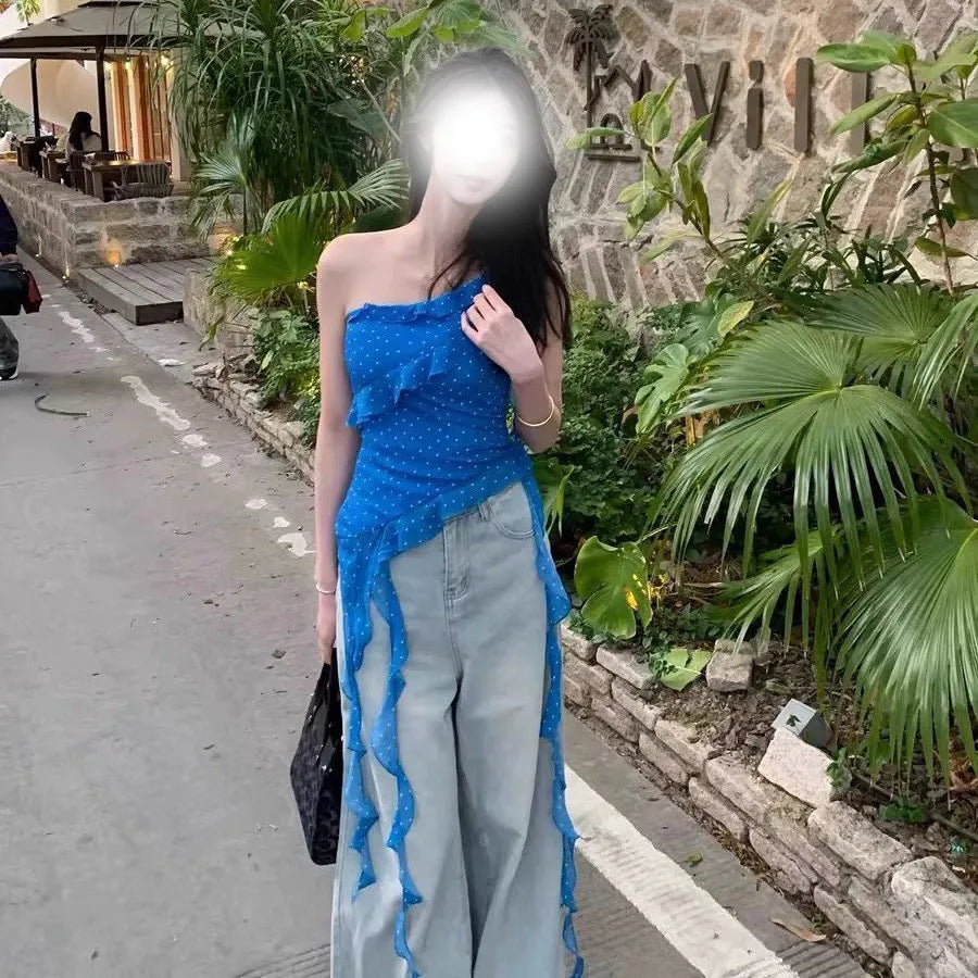Blue Irregular Shoulder Strapless Top Women's Summer Korean Style Hot Girl Slim Fit Beautiful Top Commute Style Outerwear