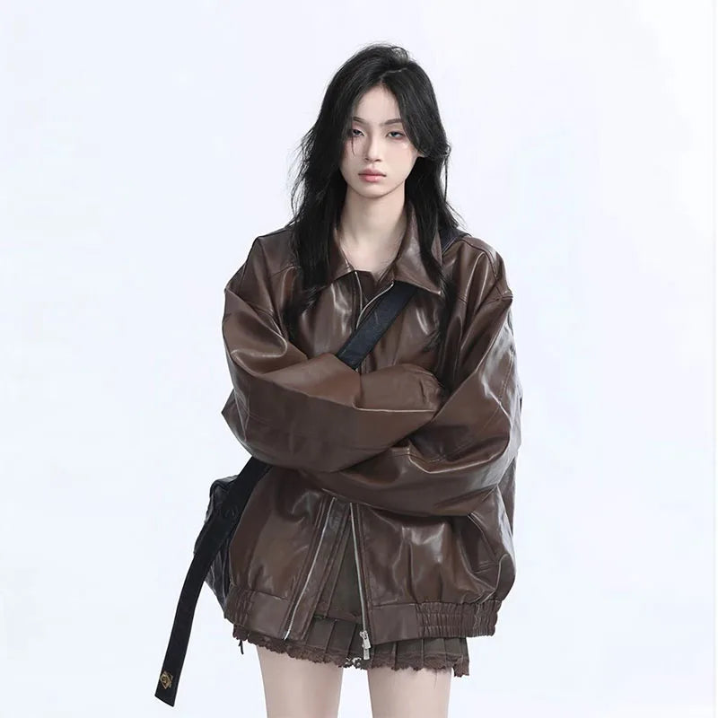 Retro Ladies Fashion Zipper Faux Leather Jacket Spring Autumn Women Long Sleeves Leather Coat Female PU Leather Outwear