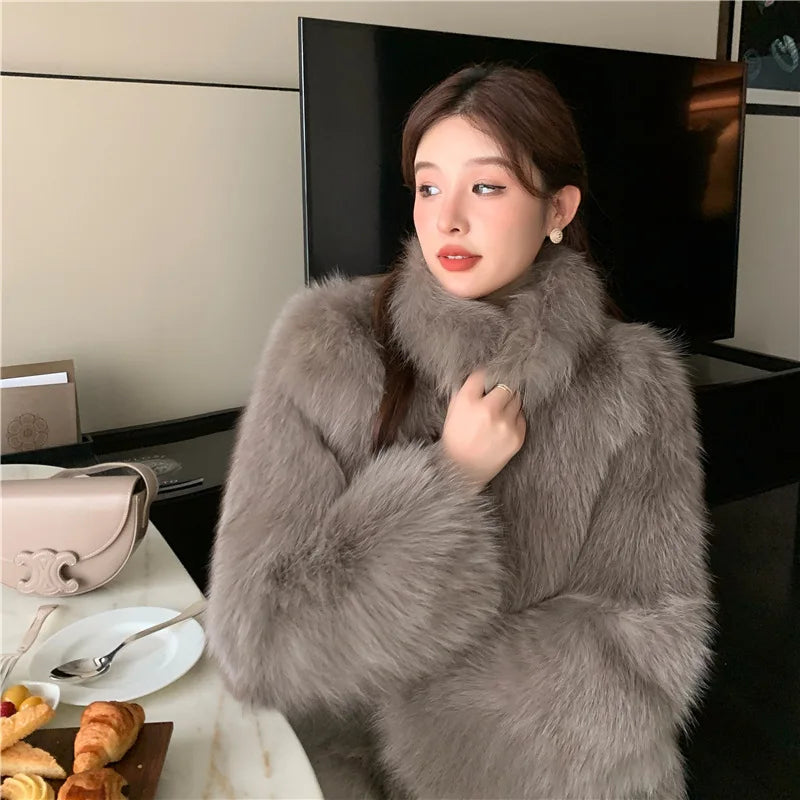New Imitate Fox Hair Environmental Protection Fur Autumn/Winter Stand Collar Short Fur Coat Women's Thick Warm Jacket Brown