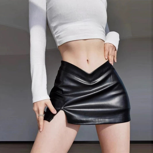 PU Leather Short Skirt Women Black Sexy Split Slim High Waisted A-line Mini Skirts Female Shorts Vintage Harajuku Streetwear