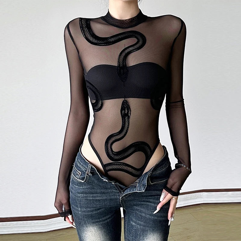 New spicy girl snake print perspective sexy splicing round neck mesh bodysuits for women